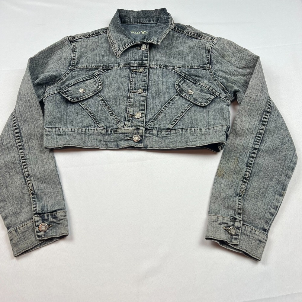 Heat Wave Cropped Gray Wash Denim Jacket Embroidered Back Y2K Style Retro  *READ